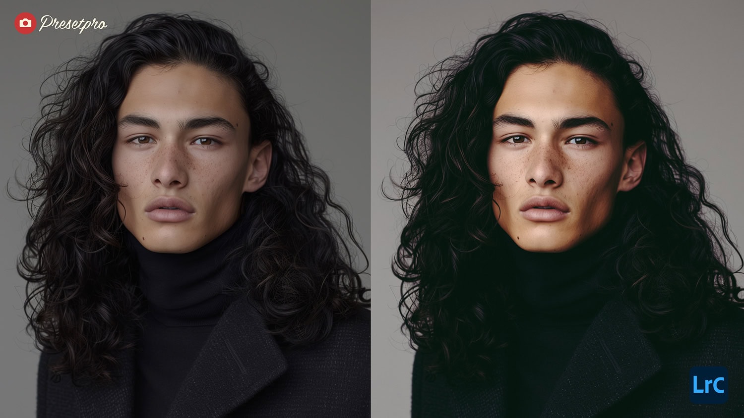 Side-by-side comparison in Lightroom showing a male model with dark hair in a studio portrait, before and after editing with the Fuji Negative Lightroom Preset.
